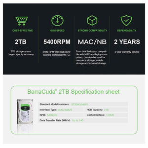 Planet Gates Seagate 2TB 2.5 Inch HDD 5400RPM 128MB Cache Mobile Hard Drive SATA 6Gb/s Laptop Internal Hard Disk 2 TB Hard Disk
