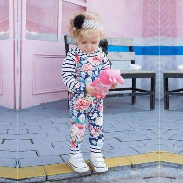 Planet Gates see chart 2 / 6M Baby Girl Hooded Clothes Set Winter Spring Floral and Striped Print Hooded Top with Pocket Pant Cotton 2PCS Tracksuit