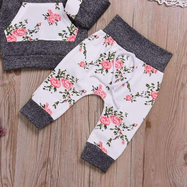 Planet Gates see chart 3 / 6M Baby Girl Hooded Clothes Set Winter Spring Floral and Striped Print Hooded Top with Pocket Pant Cotton 2PCS Tracksuit
