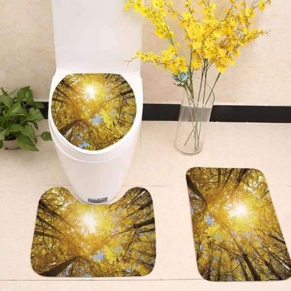 Planet Gates set 3 3pcs/lot Tree Printed Toilet Seat Cover Plants Scenery Flannel Fabric Toilet Case Non-slip Mat Bathroom Products Home Decoration