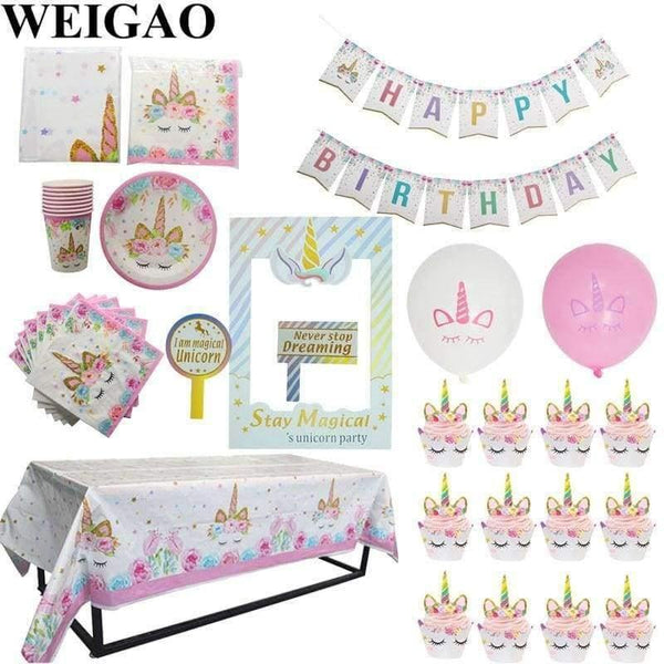 Unicorn Party Kits Unicornio Plate/cup/napkins Birthday Party Decoration Kids Tableware Sets Bunting Flags Party Supplies