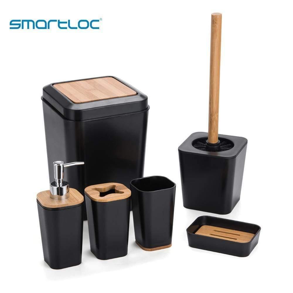 Planet Gates Set Of 6 Smartloc Plastic Bathroom Accessories Set Toothbrush Holder Toothpaste Dispenser Case Soap Box Shower Storage Black