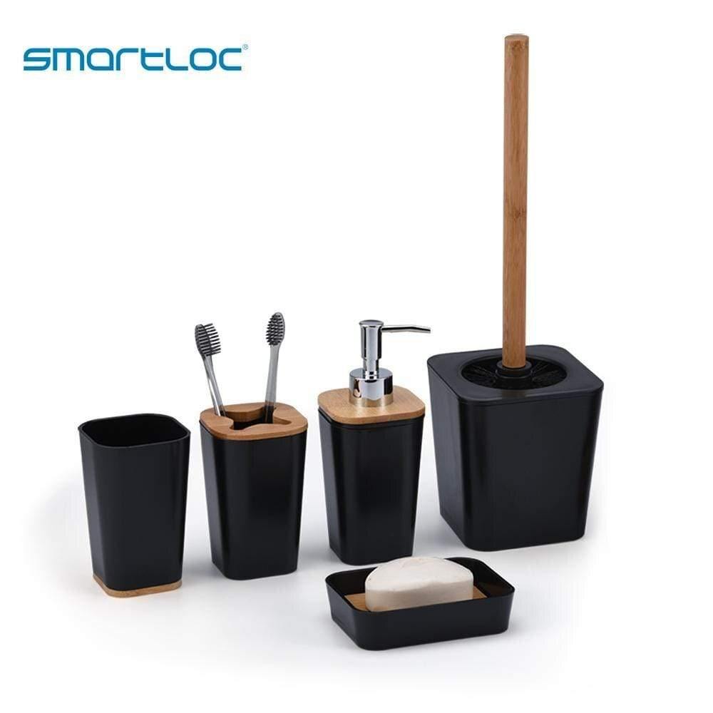 Planet Gates Set Of 6 Smartloc Plastic Bathroom Accessories Set Toothbrush Holder Toothpaste Dispenser Case Soap Box Shower Storage Black