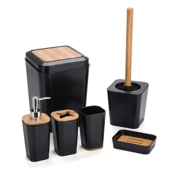 Planet Gates Set Of 6 Smartloc Plastic Bathroom Accessories Set Toothbrush Holder Toothpaste Dispenser Case Soap Box Shower Storage Black