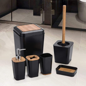 Planet Gates Set Of 6 Smartloc Plastic Bathroom Accessories Set Toothbrush Holder Toothpaste Dispenser Case Soap Box Shower Storage Black