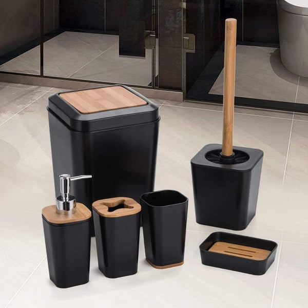 Planet Gates Set Of 6 Smartloc Plastic Bathroom Accessories Set Toothbrush Holder Toothpaste Dispenser Case Soap Box Shower Storage Black