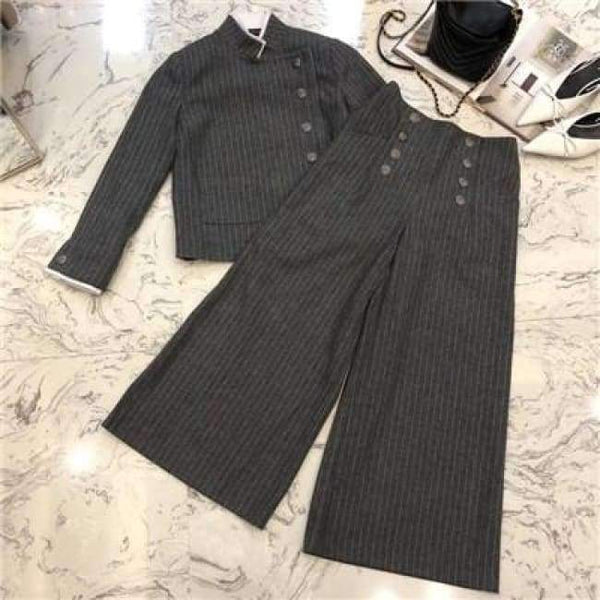 Planet Gates sets / S Women pants sets 2018 autumn long sleeve jacket and wide leg pants suits women striped sets