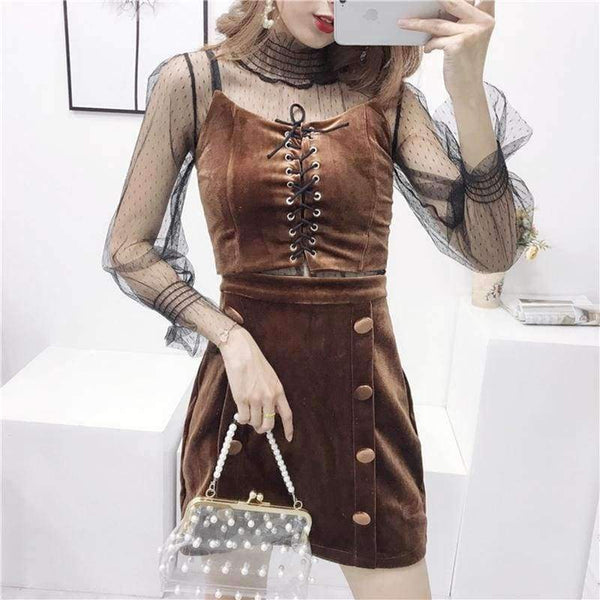 Planet Gates Sexy 3 Piece Sets European Mesh Blusa + Velvet Cami + Velvert Skirts Fashion Women Sets 2018 Autumn New