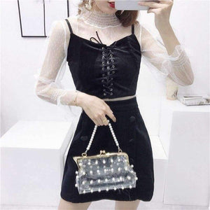 Planet Gates Sexy 3 Piece Sets European Mesh Blusa + Velvet Cami + Velvert Skirts Fashion Women Sets 2018 Autumn New