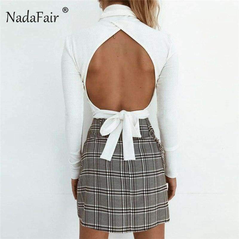 Planet Gates Sexy backless bow lace-up black white knitted t shirts women tees autumn winter turtleneck long sleeve sweater tops