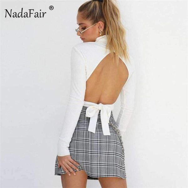 Planet Gates Sexy backless bow lace-up black white knitted t shirts women tees autumn winter turtleneck long sleeve sweater tops