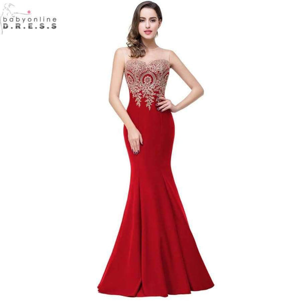 Planet Gates Sexy Backless Red Mermaid Lace Evening Dress Long Cheap Appliques Evening Gowns Vestido de Festa