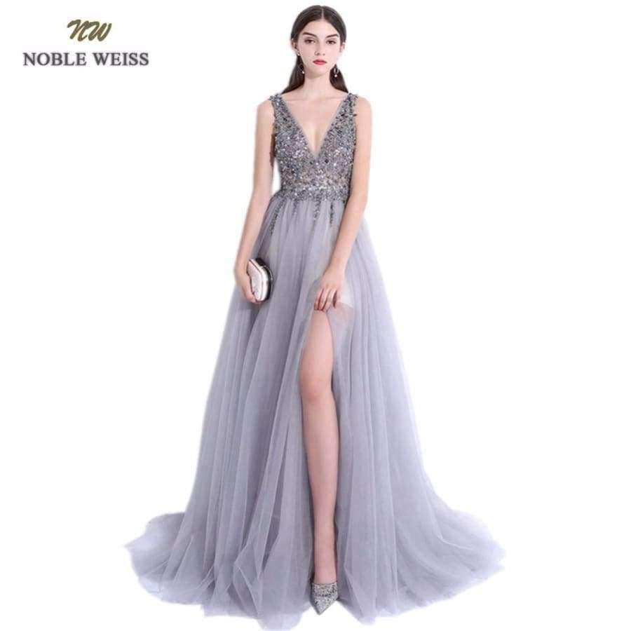 Planet Gates Sexy Evening Dresses A-Line Vestido de Festa V-Neck Gray Tulle Custom Made Beading Bare Back Prom Grown Dress