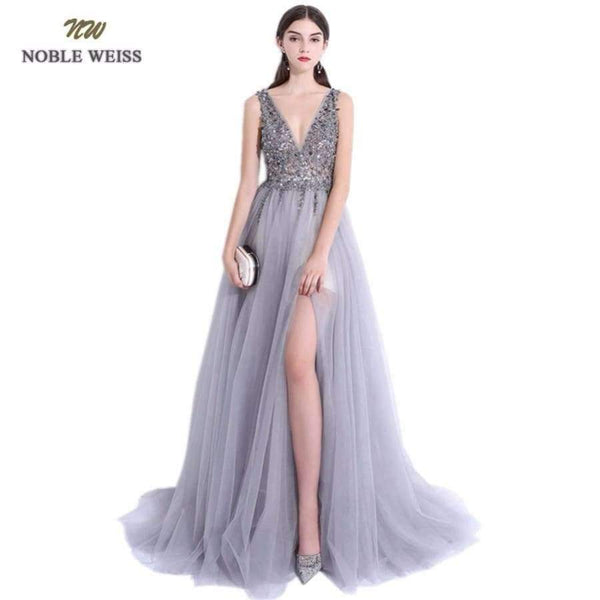 Planet Gates Sexy Evening Dresses A-Line Vestido de Festa V-Neck Gray Tulle Custom Made Beading Bare Back Prom Grown Dress