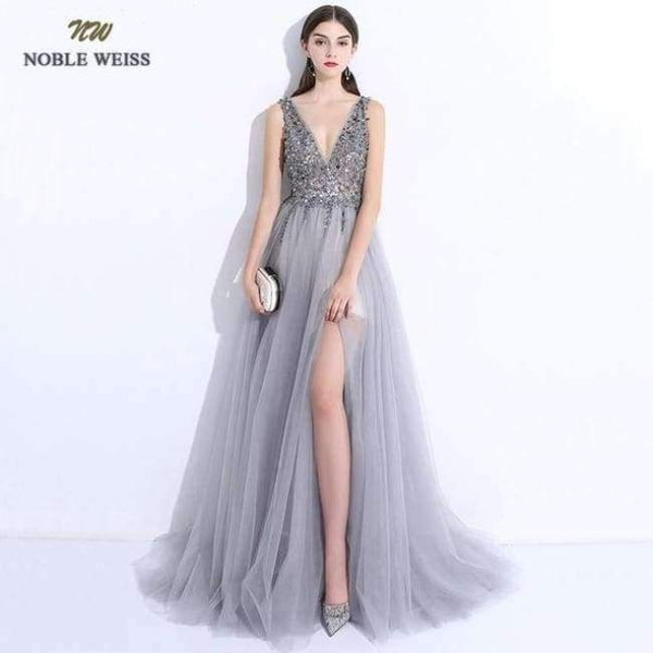 Planet Gates Sexy Evening Dresses A-Line Vestido de Festa V-Neck Gray Tulle Custom Made Beading Bare Back Prom Grown Dress