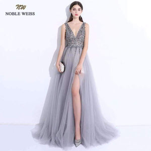 Planet Gates Sexy Evening Dresses A-Line Vestido de Festa V-Neck Gray Tulle Custom Made Beading Bare Back Prom Grown Dress
