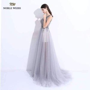 Planet Gates Sexy Evening Dresses A-Line Vestido de Festa V-Neck Gray Tulle Custom Made Beading Bare Back Prom Grown Dress
