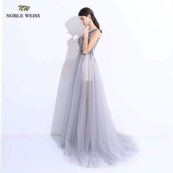 Planet Gates Sexy Evening Dresses A-Line Vestido de Festa V-Neck Gray Tulle Custom Made Beading Bare Back Prom Grown Dress