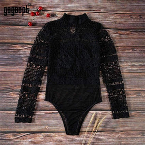 Planet Gates Sexy Lace Bodysuit Long Sleeve Hollow Out Joint Romper Women Jumpsuit Autumn O-Collar femme Playsuit