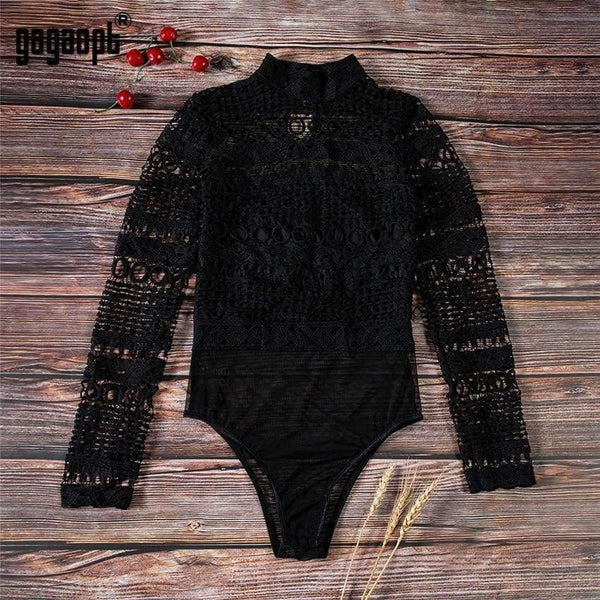 Planet Gates Sexy Lace Bodysuit Long Sleeve Hollow Out Joint Romper Women Jumpsuit Autumn O-Collar femme Playsuit