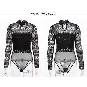 Planet Gates Sexy Lace Bodysuit Long Sleeve Hollow Out Joint Romper Women Jumpsuit Autumn O-Collar femme Playsuit