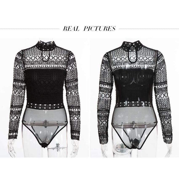 Planet Gates Sexy Lace Bodysuit Long Sleeve Hollow Out Joint Romper Women Jumpsuit Autumn O-Collar femme Playsuit