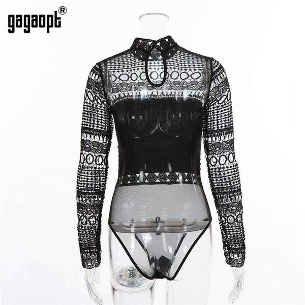 Planet Gates Sexy Lace Bodysuit Long Sleeve Hollow Out Joint Romper Women Jumpsuit Autumn O-Collar femme Playsuit