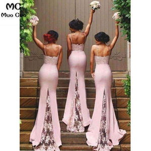 Planet Gates Sexy Mermaid Bridesmaid Dresses Long with Appliques Spaghetti Straps Wedding Party Dress Elastic Satin Bridesmaid Dress