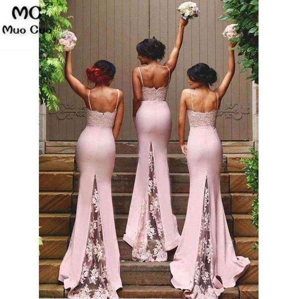 Planet Gates Sexy Mermaid Bridesmaid Dresses Long with Appliques Spaghetti Straps Wedding Party Dress Elastic Satin Bridesmaid Dress