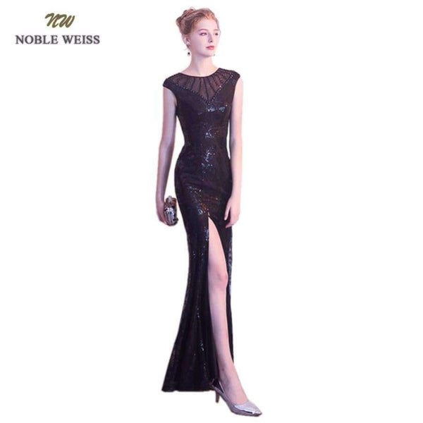 Planet Gates Sexy Mermaid Long Evening Dresses 2018 O-Neck Split Front Black Beading Custom Size Prom Gowns Formal Evening Gown