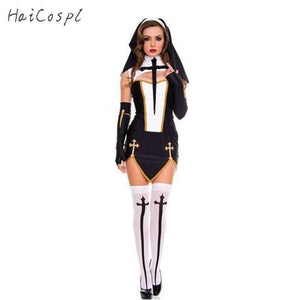 Planet Gates Sexy Nun Costume Adult Women Halloween Cosplay Fancy Girl Sister Party With Stockings Hoodie