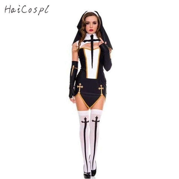Planet Gates Sexy Nun Costume Adult Women Halloween Cosplay Fancy Girl Sister Party With Stockings Hoodie