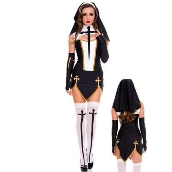 Planet Gates Sexy Nun Costume Adult Women Halloween Cosplay Fancy Girl Sister Party With Stockings Hoodie