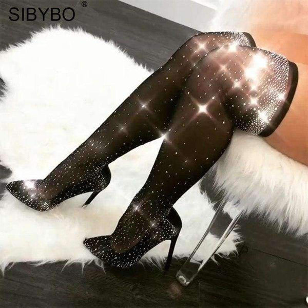 Planet Gates Sexy Sparkly Diamond Rhinestone Thigh High Stockings 2018 Winter Spring Velvet Pantyhose Knee Socks Party Club Hosiery