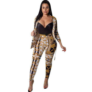 Planet Gates Sexy Two Piece Pant Suits Women Print Notched Single Button Long Sleeve Slim Blazer Jacket and Tight Pants Set