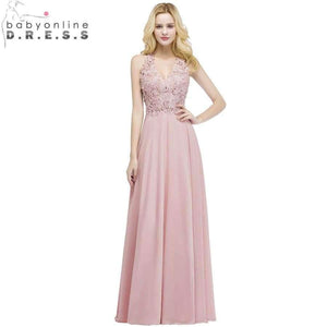 Planet Gates Sexy V Neck Pink Lace Chiffon Long Evening Dress 2018 Elegant Sleeveless Evening Gowns with Pearls Abendkleid
