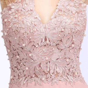 Planet Gates Sexy V Neck Pink Lace Chiffon Long Evening Dress 2018 Elegant Sleeveless Evening Gowns with Pearls Abendkleid