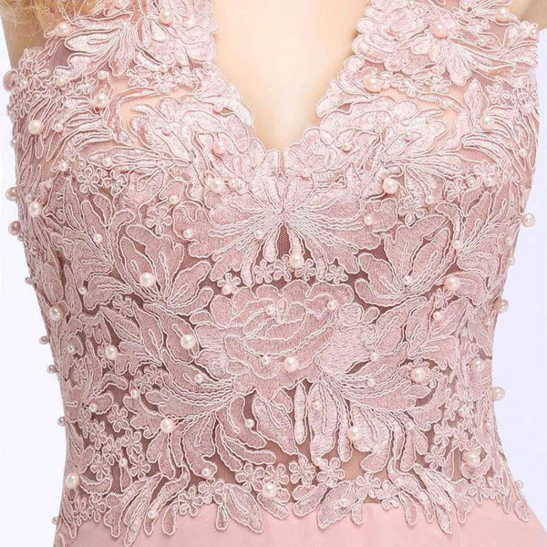 Planet Gates Sexy V Neck Pink Lace Chiffon Long Evening Dress 2018 Elegant Sleeveless Evening Gowns with Pearls Abendkleid