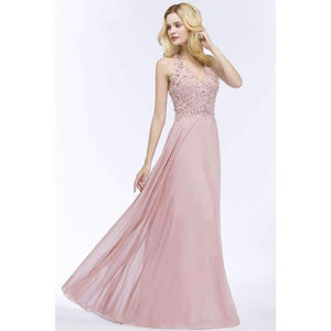 Planet Gates Sexy V Neck Pink Lace Chiffon Long Evening Dress 2018 Elegant Sleeveless Evening Gowns with Pearls Abendkleid