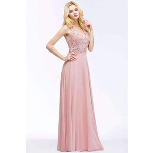 Planet Gates Sexy V Neck Pink Lace Chiffon Long Evening Dress 2018 Elegant Sleeveless Evening Gowns with Pearls Abendkleid