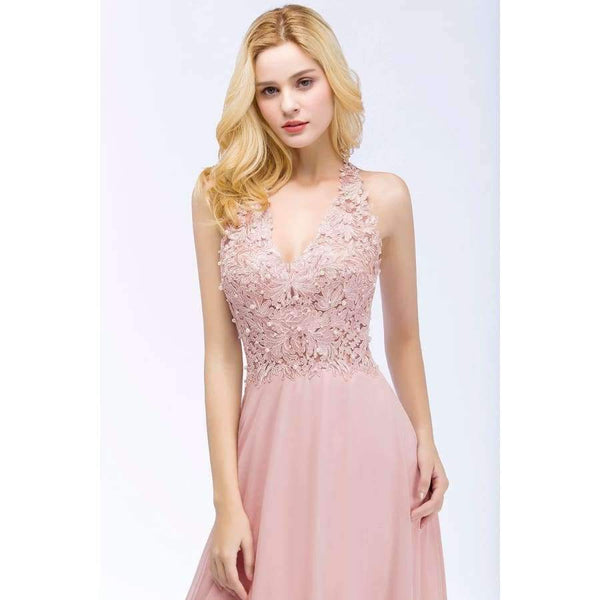 Planet Gates Sexy V Neck Pink Lace Chiffon Long Evening Dress 2018 Elegant Sleeveless Evening Gowns with Pearls Abendkleid