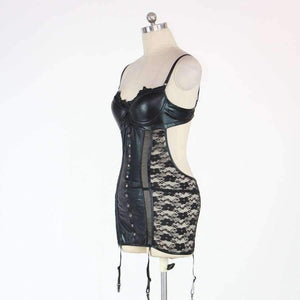 Planet Gates Sexy Vinyl Leather Babydoll Lingerie  Seduce Exotic Black Lace Bodysuit For Women S-XXL W850502