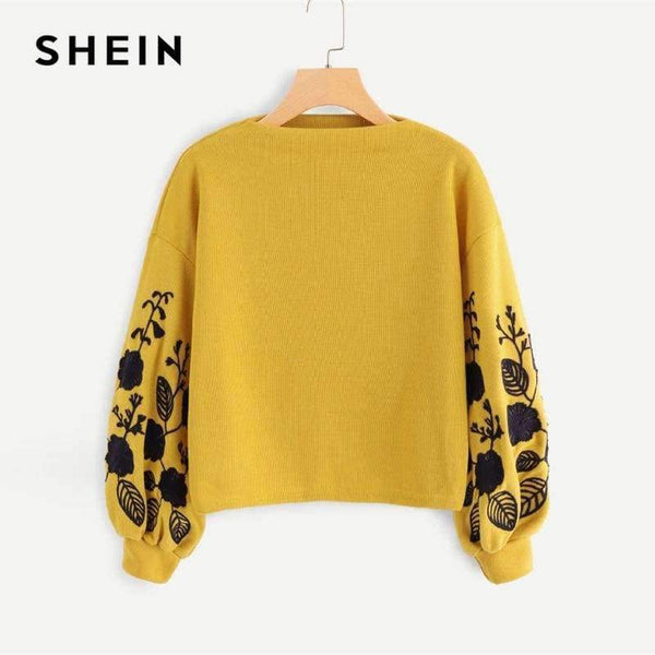 Planet Gates SHEIN Ginger Preppy Elegant Floral Embroidered Cowl Neck Bishop Sleeve Sweatshirt 2018 Autumn Casual Women Pullovers Sweatshirts