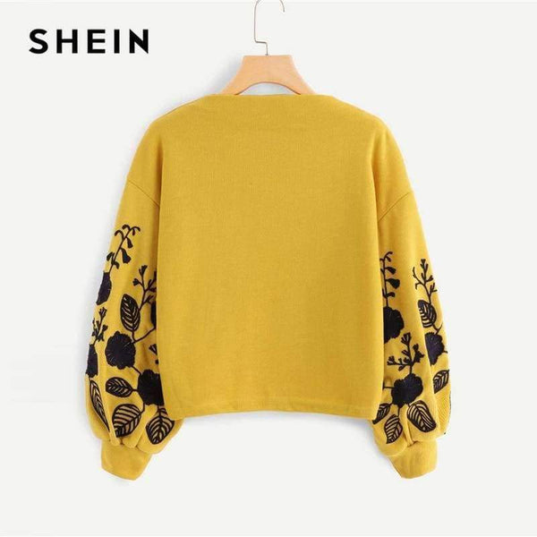 Planet Gates SHEIN Ginger Preppy Elegant Floral Embroidered Cowl Neck Bishop Sleeve Sweatshirt 2018 Autumn Casual Women Pullovers Sweatshirts