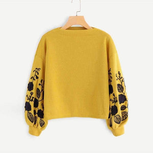 Planet Gates SHEIN Ginger Preppy Elegant Floral Embroidered Cowl Neck Bishop Sleeve Sweatshirt 2018 Autumn Casual Women Pullovers Sweatshirts