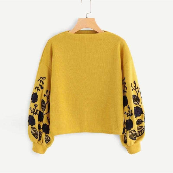 Planet Gates SHEIN Ginger Preppy Elegant Floral Embroidered Cowl Neck Bishop Sleeve Sweatshirt 2018 Autumn Casual Women Pullovers Sweatshirts