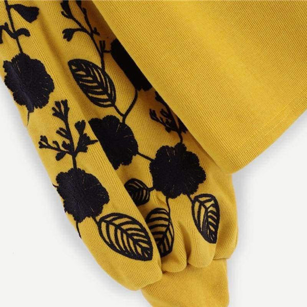 Planet Gates SHEIN Ginger Preppy Elegant Floral Embroidered Cowl Neck Bishop Sleeve Sweatshirt 2018 Autumn Casual Women Pullovers Sweatshirts