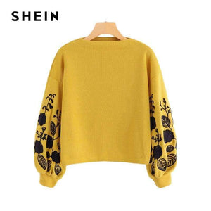 Planet Gates SHEIN Ginger Preppy Elegant Floral Embroidered Cowl Neck Bishop Sleeve Sweatshirt 2018 Autumn Casual Women Pullovers Sweatshirts