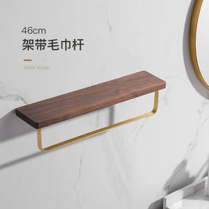 Planet Gates shelf 2 Walnut Wood Bathroom Hardware Set Creative Towel Ring Cosmetics Mirror Front Shelf Wall Mounted Brass Shaver Rack