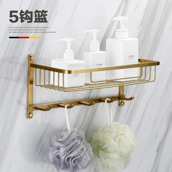 Planet Gates shelf with 5 hook Gold Bathroom Hardware Set Bathrom Shower Shelf Wall Mounted Corner Shelf Organizer 304 Stainless Steel Brushed